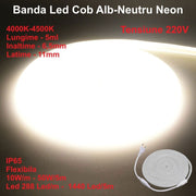 Banda Led Cob Alb-Neutru 4000K Neon Flex - 288led/m - IP65 / 220V - 10W/ml / Rola 5ml