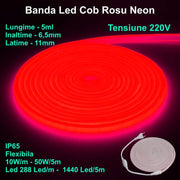 Banda Led Cob Rosu Intens Neon Flex - 288led/m - IP65 / 220V - 10W/ml / Rola 5ml