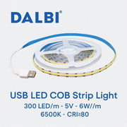 Banda Led Cob USB 5V, Lumina Alb-Rece 6500K, 6W/ml, 300led/ml, RA80, Interior IP20 - 5m/Rola - Dalbi