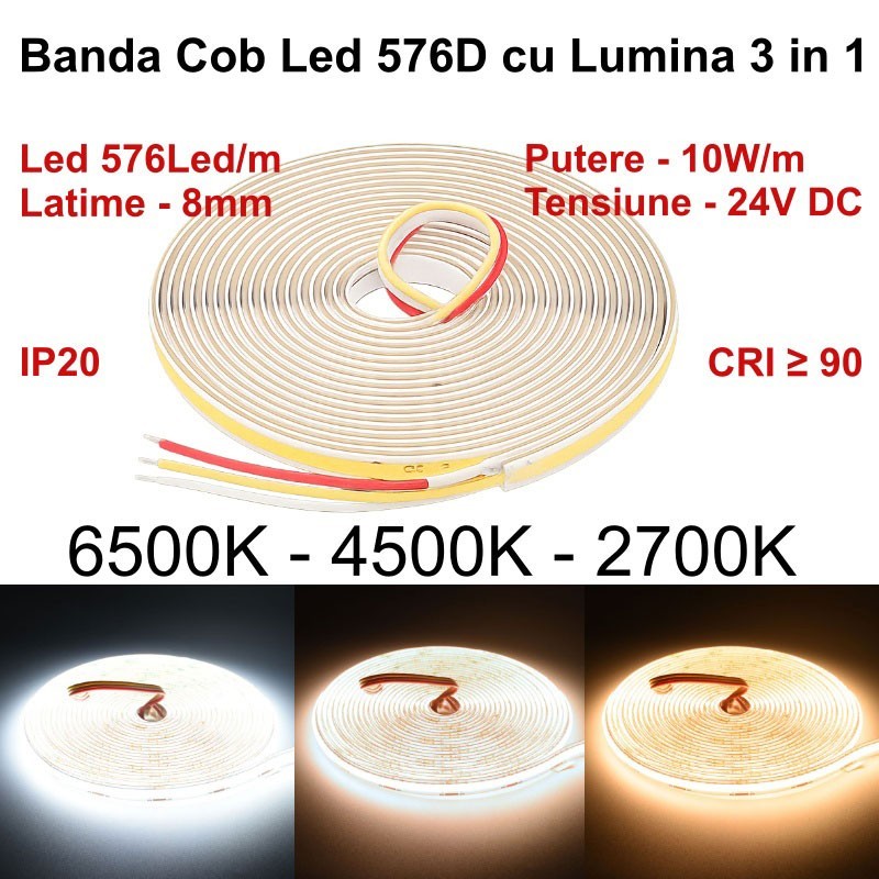 Banda Led Digital Cob 576D/m - Lumina 3 in 1 Alb 2700K-4500K-6500K - 24V/3 Fire - 8mm - 10W/m -  RA 90, Protectie IP20 - Rola/5m