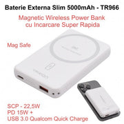 Baterie Externa 5000mAh, Power Bank Slim - Magnetic Wireless 15W, Usb /  TR-966 / Alb