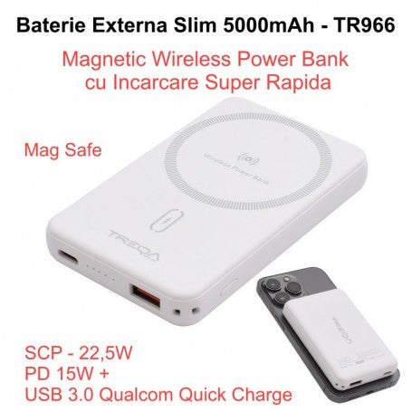 Baterie Externa 5000mAh, Power Bank Slim - Magnetic Wireless 15W, Usb /  TR-966 / Alb