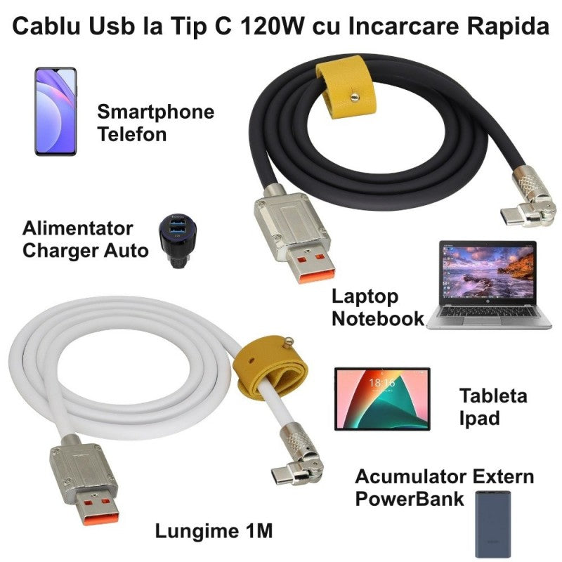Cablu Super Fast 120W Usb Tip C - Alb/Negru CA-8833