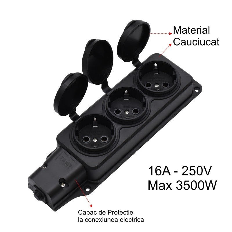 Cap de Prelungitor cu 3 Prize si Capac din Cauciuc, 3500W