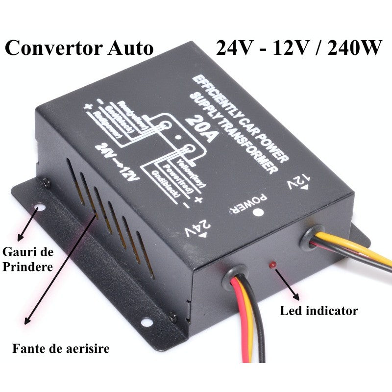 Convertor Auto de Tensiune Pentru Curent 24V-12V DC, 20A