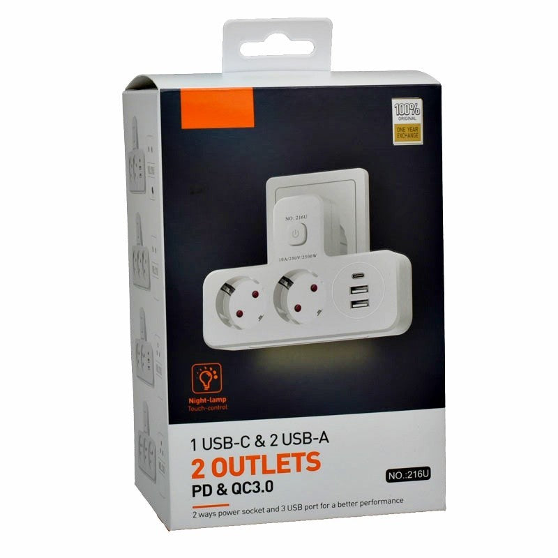 Dublu Stecher Multifunctional cu 2 x Usb QC3.0 - 1PD 20W si Lumina de Veghe