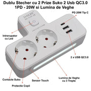 Dublu Stecher Multifunctional cu 2 x Usb QC3.0 - 1PD 20W si Lumina de Veghe