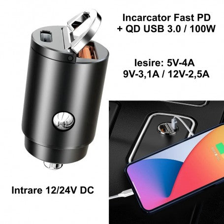 Incarcator Auto Slim Tip C Fast / Usb-PD - 100W-CC-326