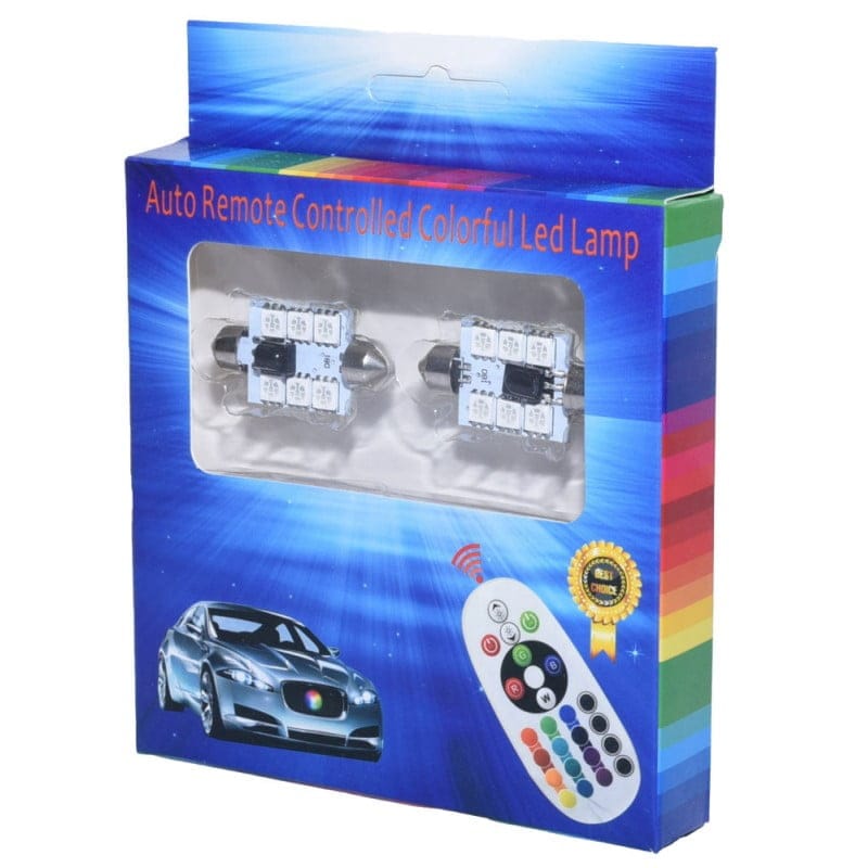 LED Auto RGB cu Telecomanda, Soclu Feston 36mm, Set 2 Buc