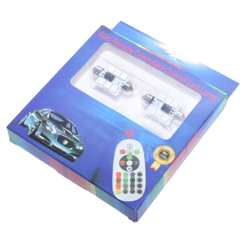 LED Auto RGB cu Telecomanda, Soclu Feston 39mm, Set 2 Buc