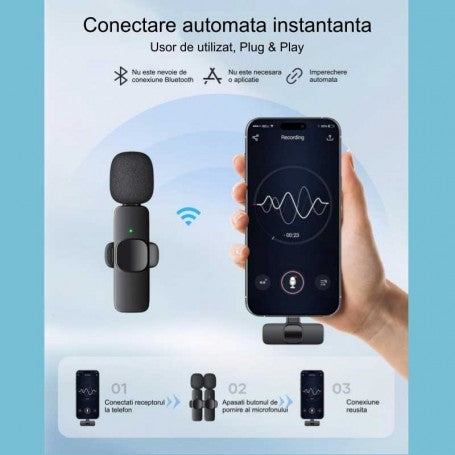 Microfon Dublu Wireless K9 Prof de Lavariera - Tip C / iPhone