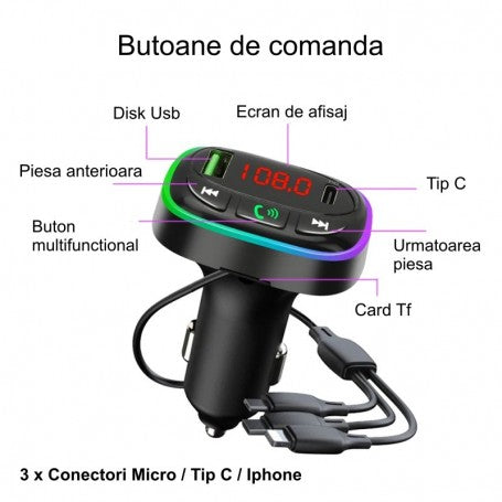 Modulator FM Auto cu Bluetooth 5.0 / MP3 Player Multifunctional HM15