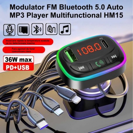 Modulator FM Auto cu Bluetooth 5.0 / MP3 Player Multifunctional HM15