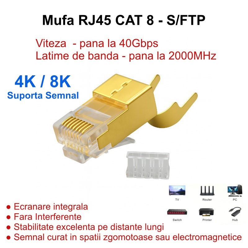 Mufa RJ45 S/FTP CAT 8 Auriu cu Ecranare Metalica - 50Buc/Set