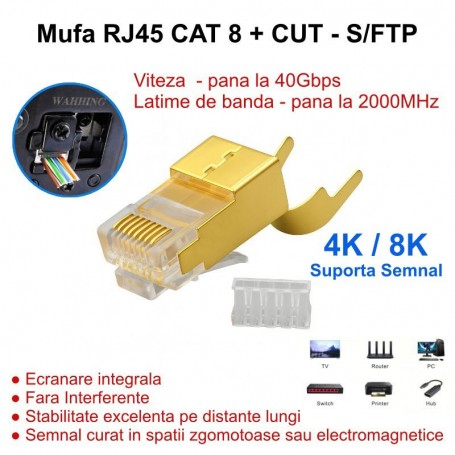 Mufa RJ45 S/FTP CAT 8 CUT Auriu cu Ecranare Metalica - 50Buc/Set