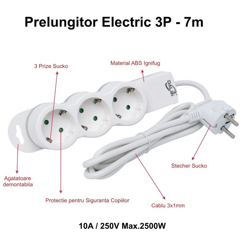 Prelungitor Electric 3 Prize si Protectie Copii, Cablu 3x1mm / 7m