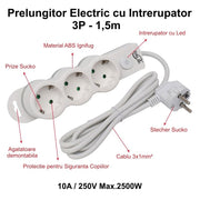 Prelungitor Electric cu Intrerupator, 3 Prize si Protectie Copii, Cablu 3x1mm / 1,5m