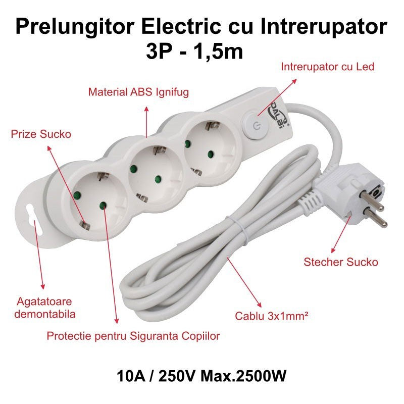 Prelungitor Electric cu Intrerupator, 3 Prize si Protectie Copii, Cablu 3x1mm / 1,5m