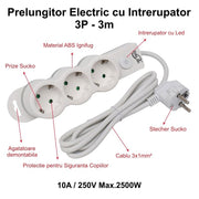 Prelungitor Electric cu Intrerupator, 3 Prize si Protectie Copii, Cablu 3x1mm / 3m