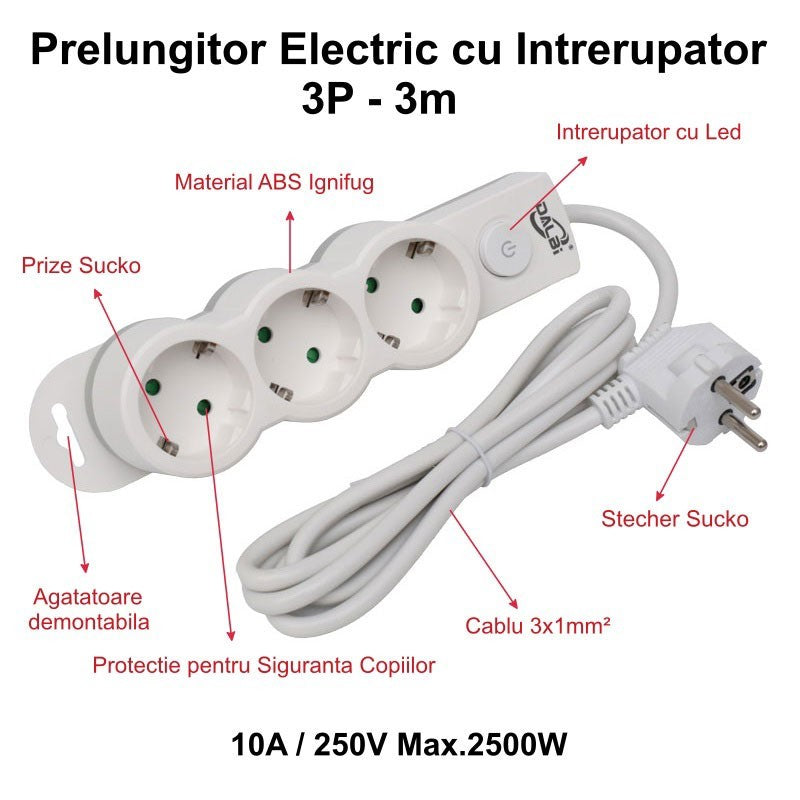 Prelungitor Electric cu Intrerupator, 3 Prize si Protectie Copii, Cablu 3x1mm / 3m