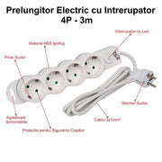 Prelungitor Electric cu Intrerupator, 4 Prize si Protectie Copii, Cablu 3x1mm / 3m