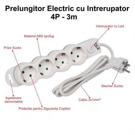 Prelungitor Electric cu Intrerupator, 4 Prize si Protectie Copii, Cablu 3x1mm / 3m