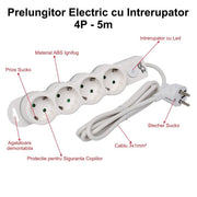 Prelungitor Electric cu Intrerupator, 4 Prize si Protectie Copii, Cablu 3x1mm / 5m