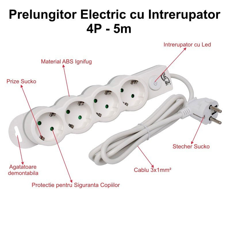 Prelungitor Electric cu Intrerupator, 4 Prize si Protectie Copii, Cablu 3x1mm / 5m