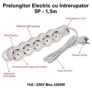 Prelungitor Electric cu Intrerupator, 5 Prize si Protectie Copii, Cablu 3x1mm / 1,5m