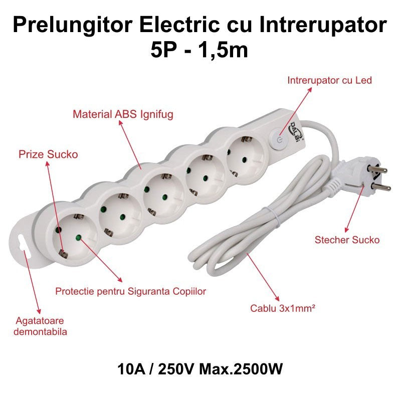 Prelungitor Electric cu Intrerupator, 5 Prize si Protectie Copii, Cablu 3x1mm / 1,5m