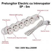 Prelungitor Electric cu Intrerupator, 5 Prize si Protectie Copii, Cablu 3x1mm / 5m