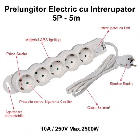 Prelungitor Electric cu Intrerupator, 5 Prize si Protectie Copii, Cablu 3x1mm / 5m