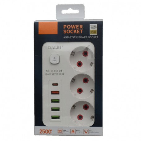 Prelungitor Multifunctional 3 prize - 2m cu 4 x USB 2,1A - PD si Intrerupator