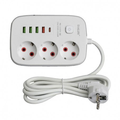Prelungitor Multifunctional 3 prize - 2m cu 4 x USB 2,1A - PD si Intrerupator