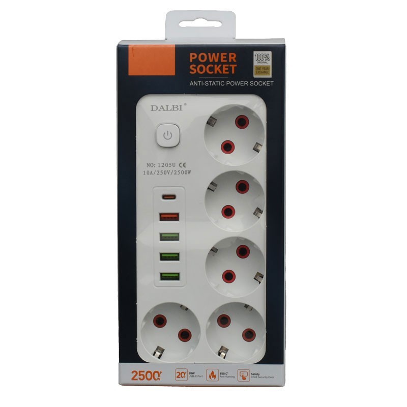 Prelungitor Multifunctional 5 prize - 2m cu 4 x USB 2,1A - PD si Intrerupator