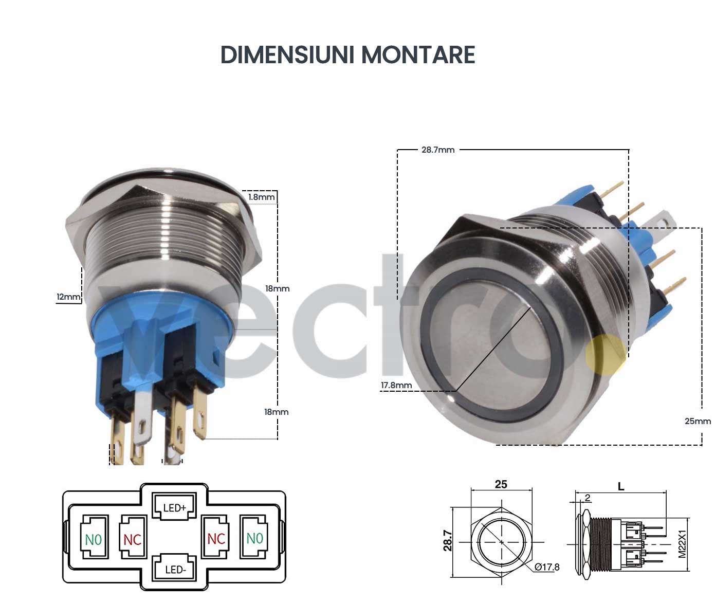 Buton Push Metalic, 220V, 22mm, cu Retinere, Led Rosu, Mufa inclusa, ElectroAZ