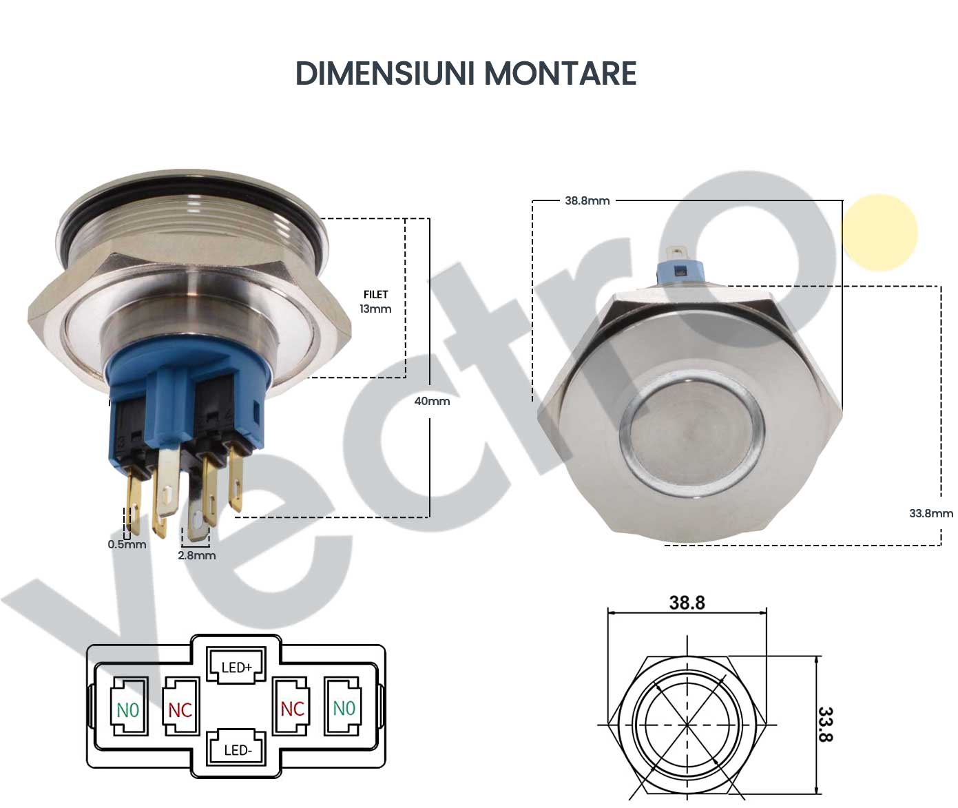 Buton Push 30mm cu Revenire 24V Led Verde