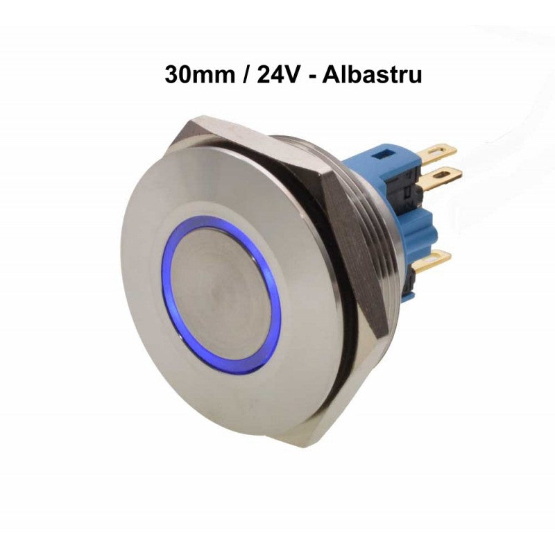 Buton Push 30mm cu Revenire 24V Led Albastru