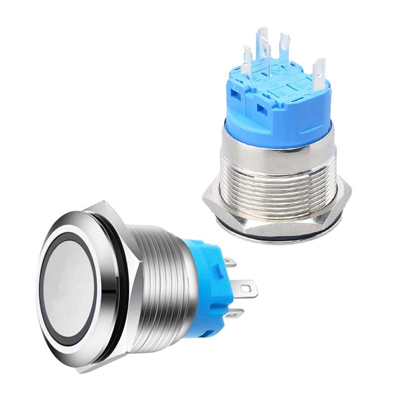 Buton Push 16mm cu Revenire, 12-24V, Led Albastru, Mufa inclusa, ElectroAZ