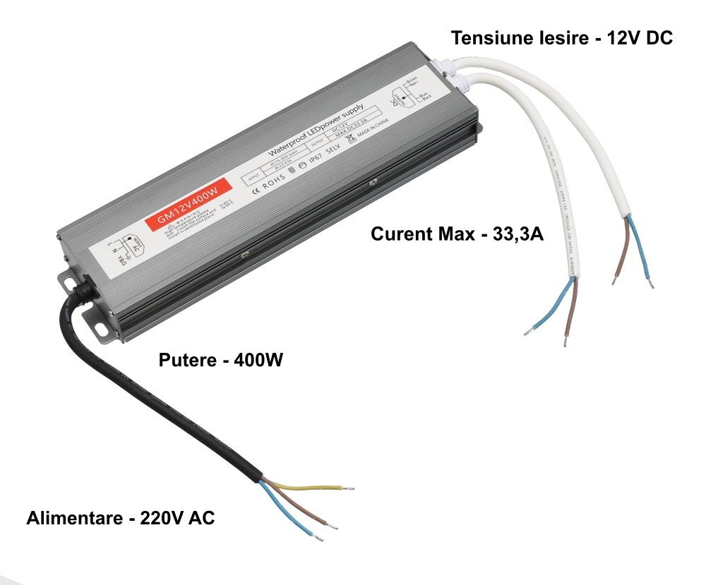 Sursa de Alimentare Slim, 12V-400W, Carcasa Metalica, IP67, 33.3A