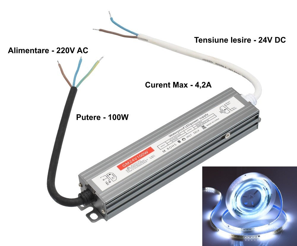 Sursa de Alimentare Slim, 24V-100W, Carcasa Metalica, IP67, 4.2A