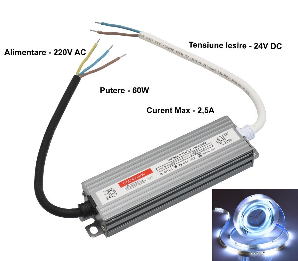 Sursa de Alimentare Slim, 24V-60W, Carcasa Metalica, IP67, 2.5A