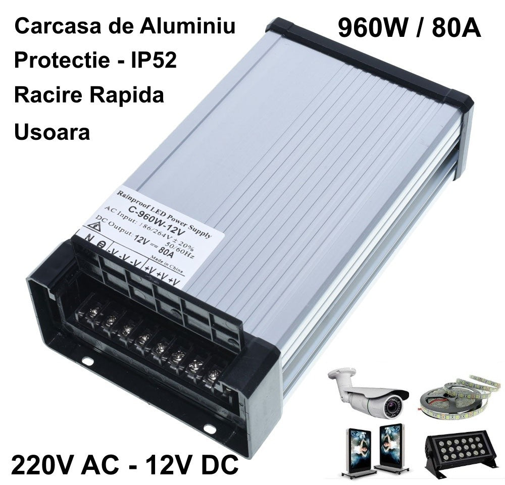 Sursa Alimentare, Exterior, 12V, 960W, 80A, IP52