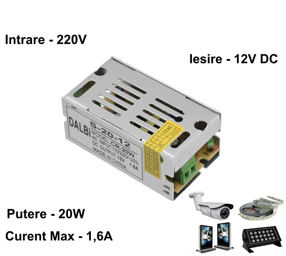 Sursa de Alimentare Slim, Carcasa Metalica, Interior, 12V, 20W, 1.6A