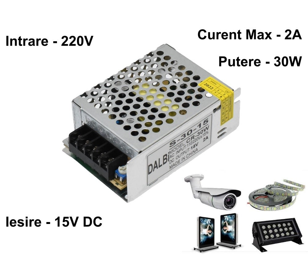 Sursa de Alimentare Slim, Carcasa Metalica, Interior, 15V, 30W, 2A