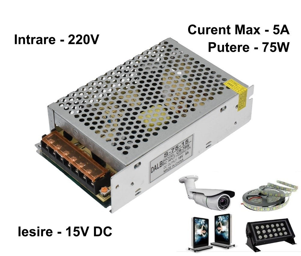 Sursa de Alimentare Slim, Carcasa Metalica, Interior, 15V, 75W, 5A