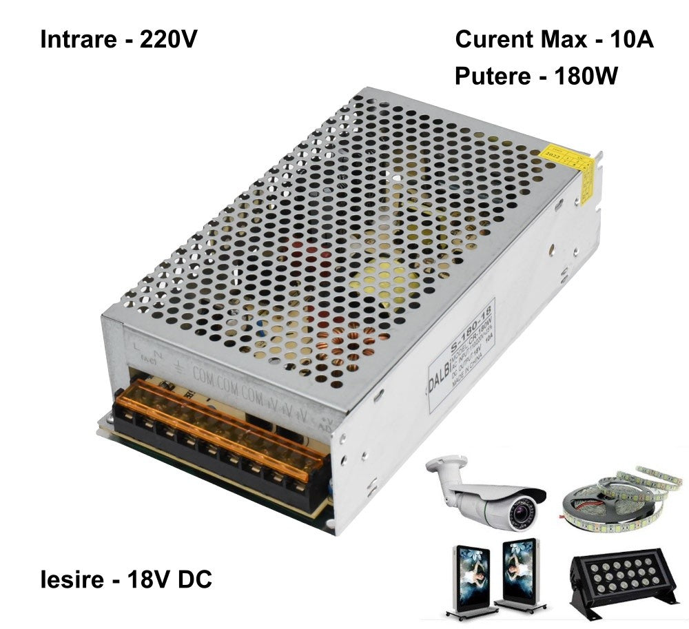 Sursa de Alimentare Slim, Carcasa Metalica, Interior, 18V, 180W, 10A
