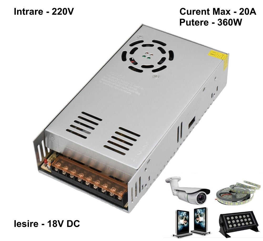 Sursa de Alimentare Slim, Carcasa Metalica, Interior, 18V, 360W, 20A