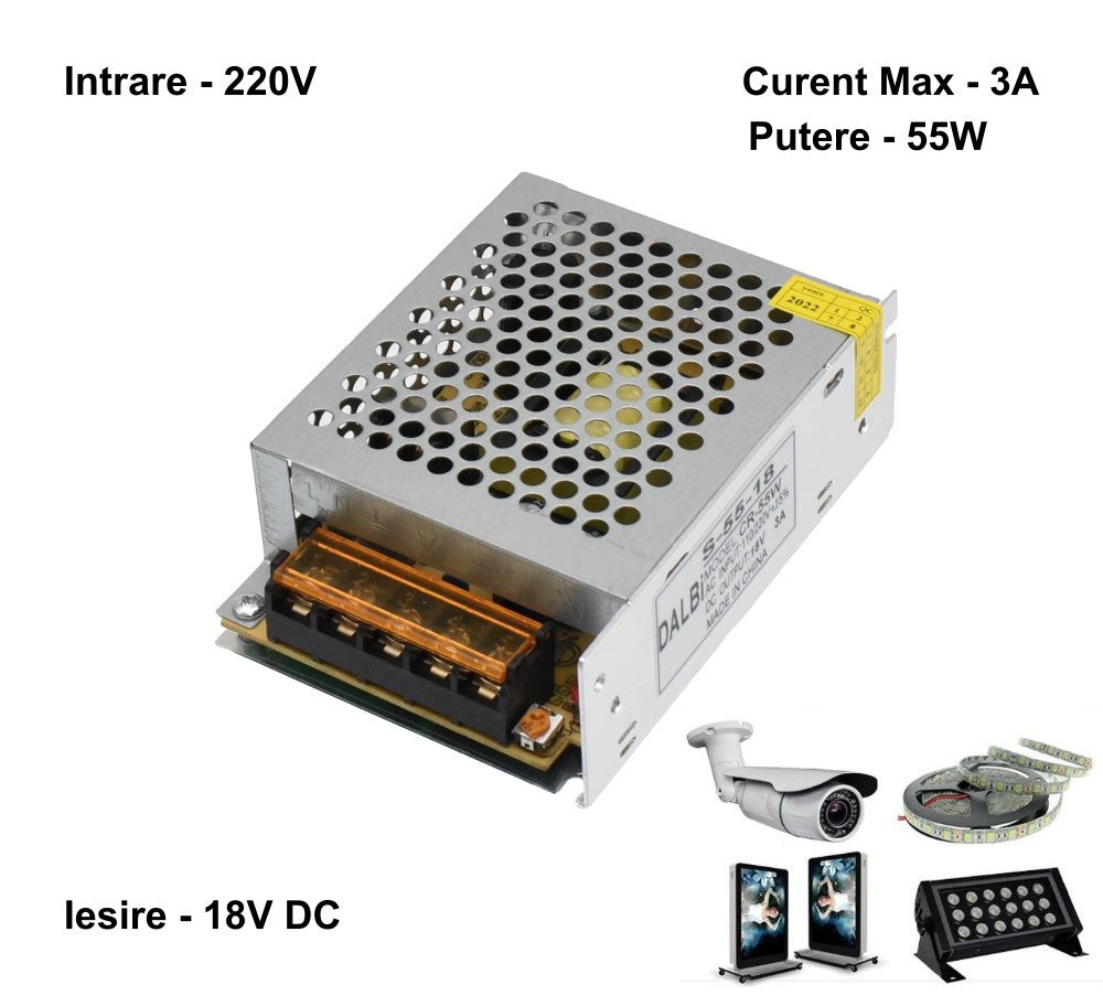 Sursa de Alimentare Slim, Carcasa Metalica, Interior, 18V, 55W, 3A