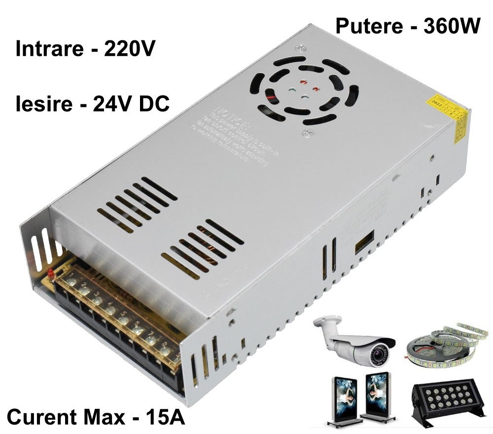Sursa de Alimentare Slim, Carcasa Metalica, Interior, 24V, 360W, 15A